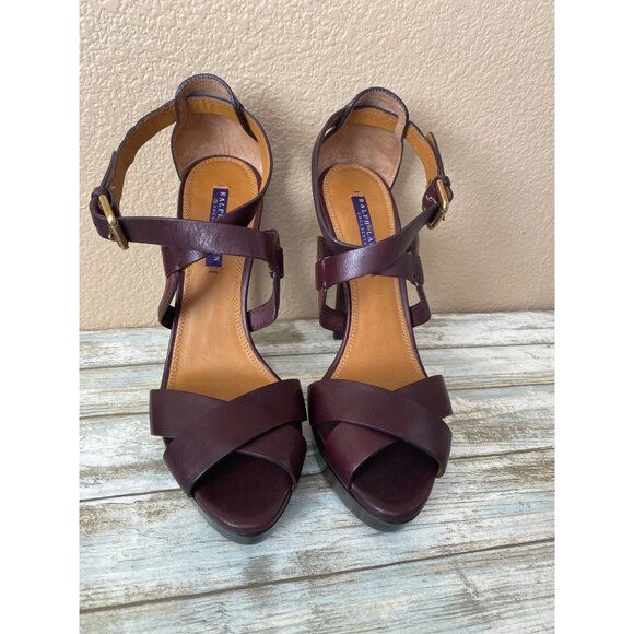 Ralph Lauren Collection Burgundy Leather Crisscross Strap Heels Sandals Sz 39 - Picture 3 of 15